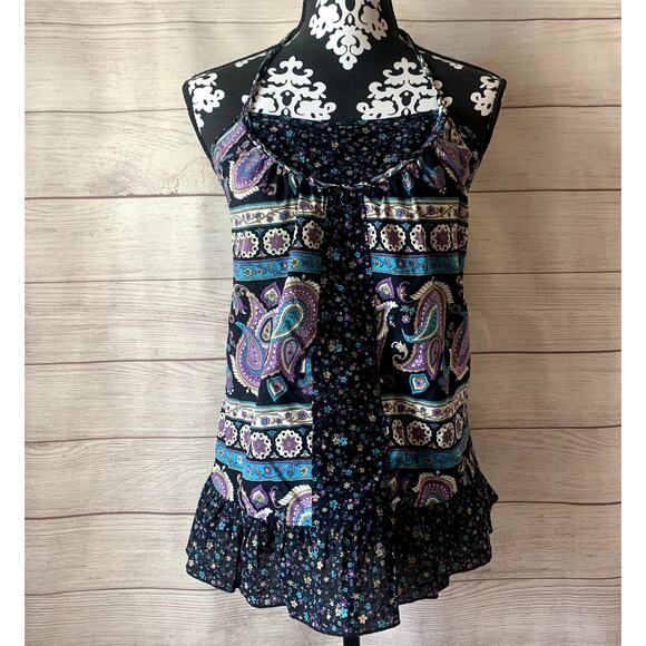 Paisley and Floral Black Purple Blue Halter Tank Top Ruffle Peplum Bottom - Picture 1 of 8